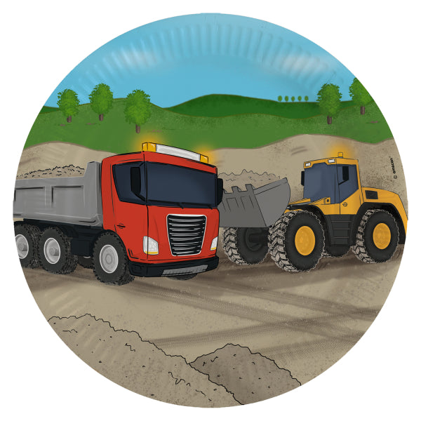 Construction Party Round Paper Plates 23cm with red truck and yellow excavator