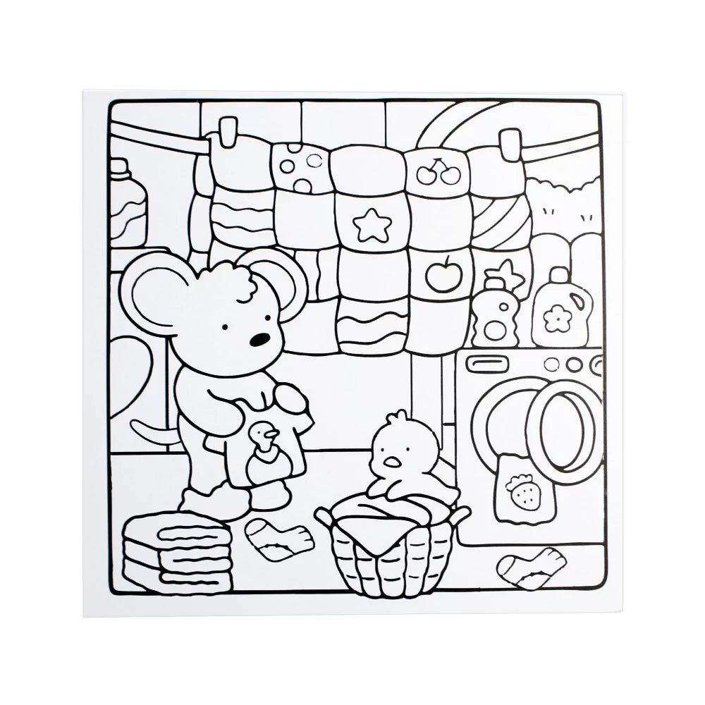 Interior spread of Cozy Colours 1 Book showing sample relaxing illustrations ready for kids' gentle colouring