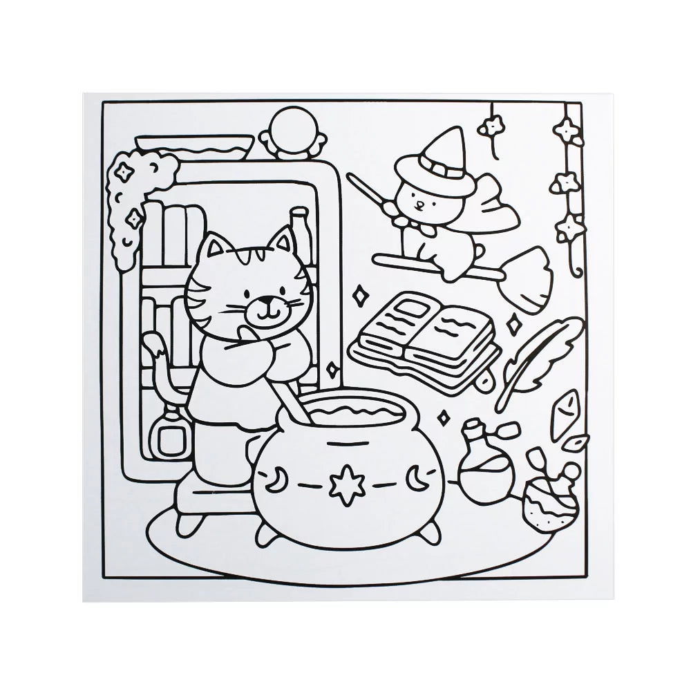 Interior spread of Cozy Colours 2 Book showing sample relaxing illustrations ready for kids' gentle colouring