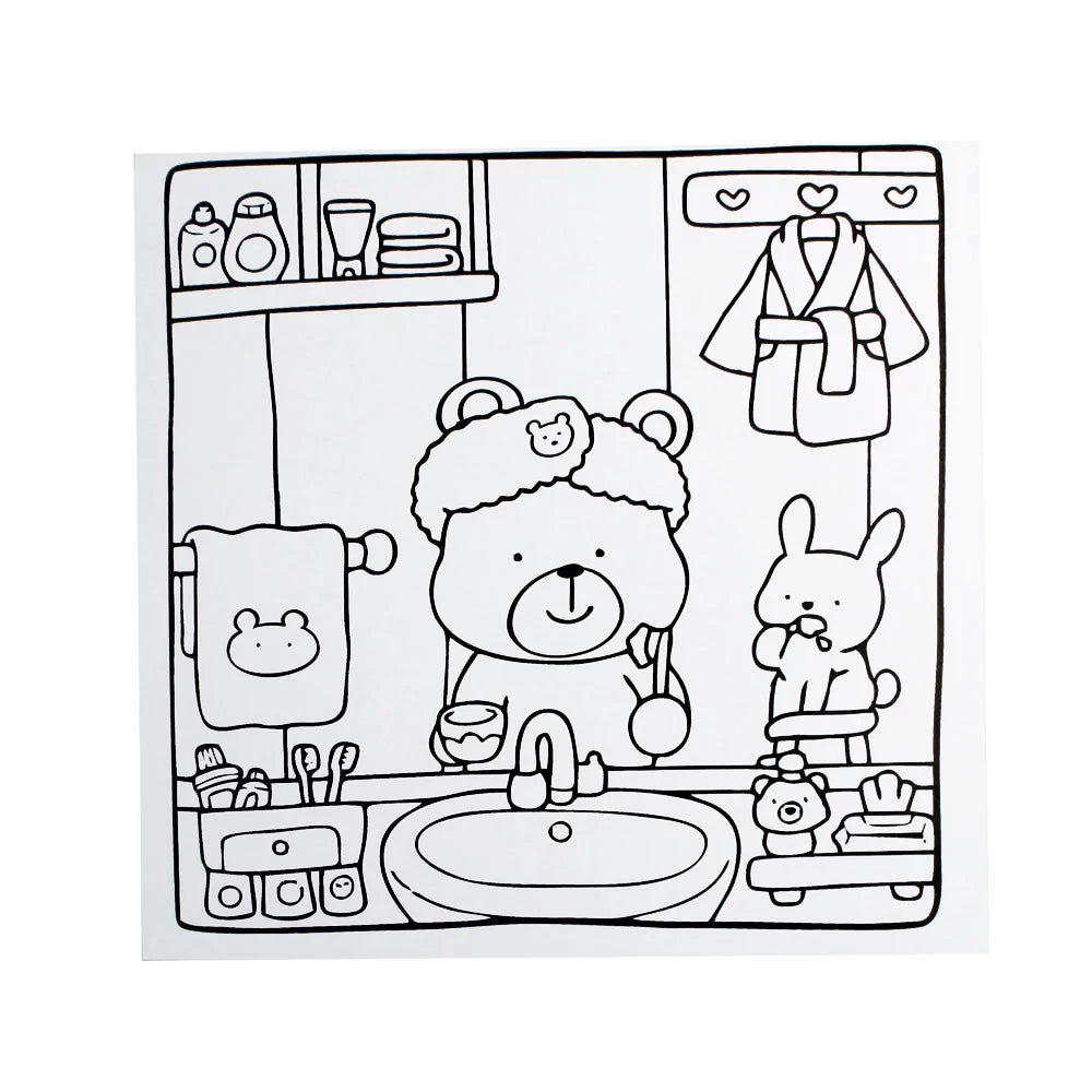 Interior spread of Cozy Colours 3 Book showing sample relaxing illustrations ready for kids' gentle colouring