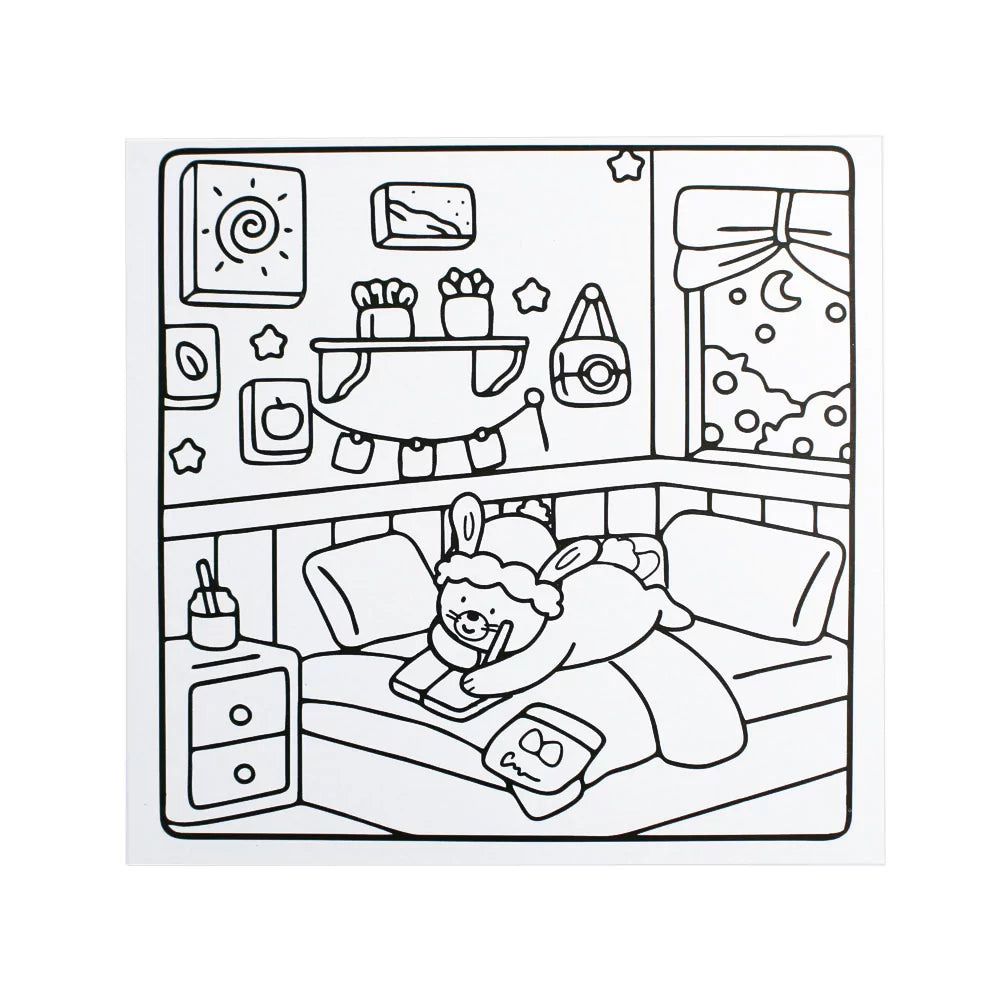 Interior spread of Cozy Colours 4 Book showing sample relaxing illustrations ready for kids' gentle colouring