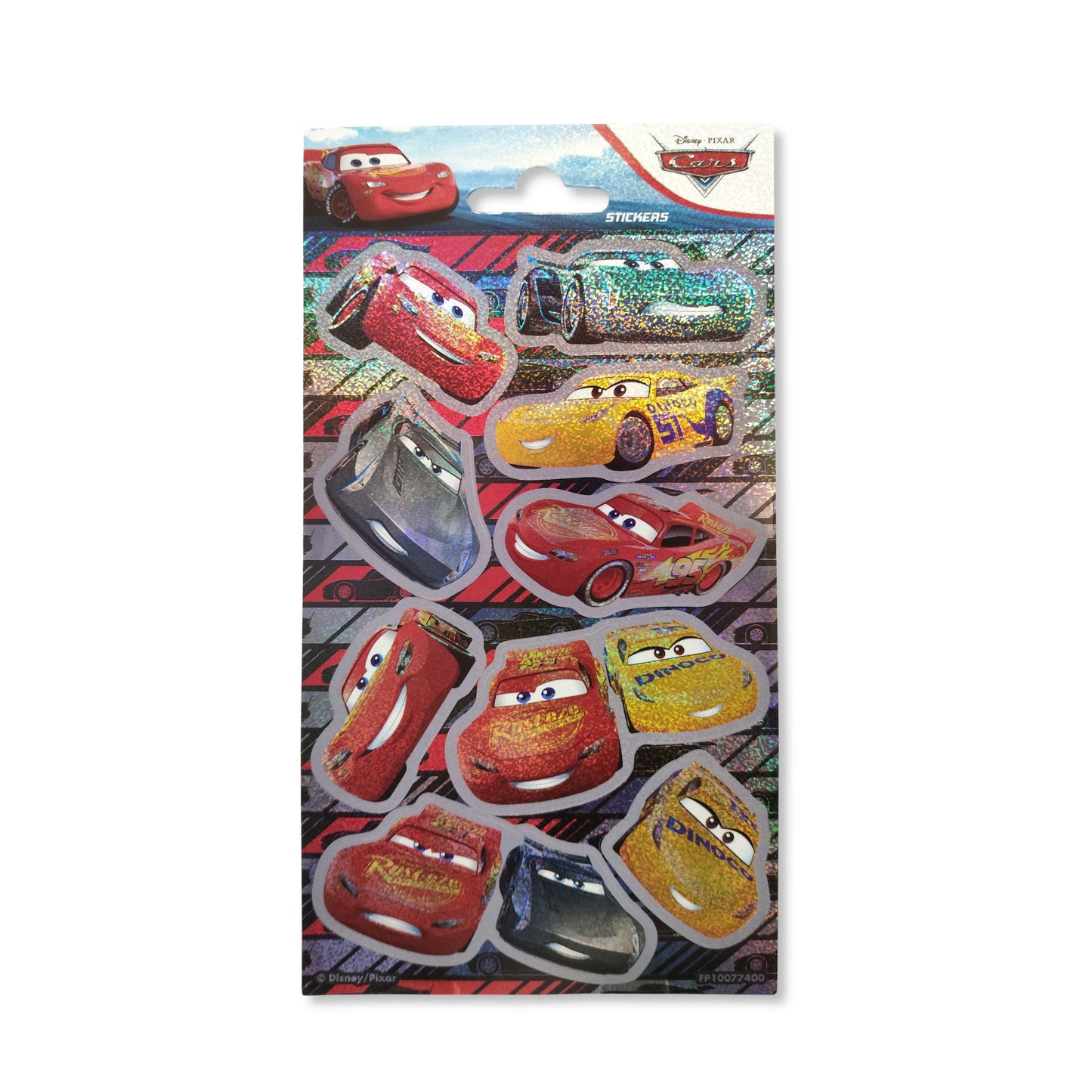 Disney Cars Stickers Pack full set on white background, showcasing 11 glossy glittery designs of Lightning McQueen, Cruz Ramirez and Jackson Storm