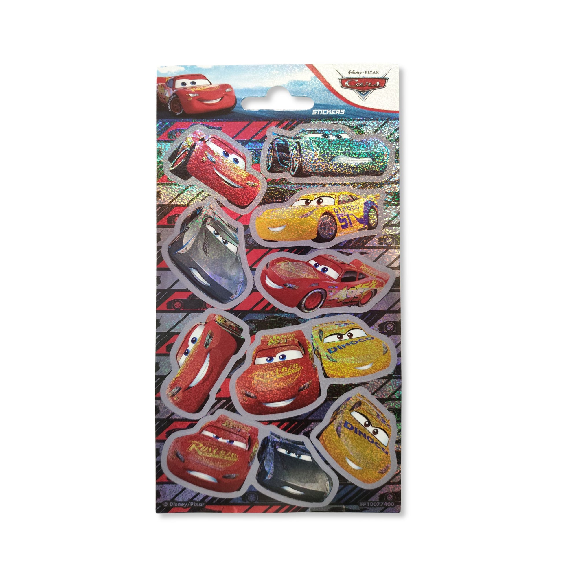 Disney Cars Stickers Pack full set on white background, showcasing 11 glossy glittery designs of Lightning McQueen, Cruz Ramirez and Jackson Storm