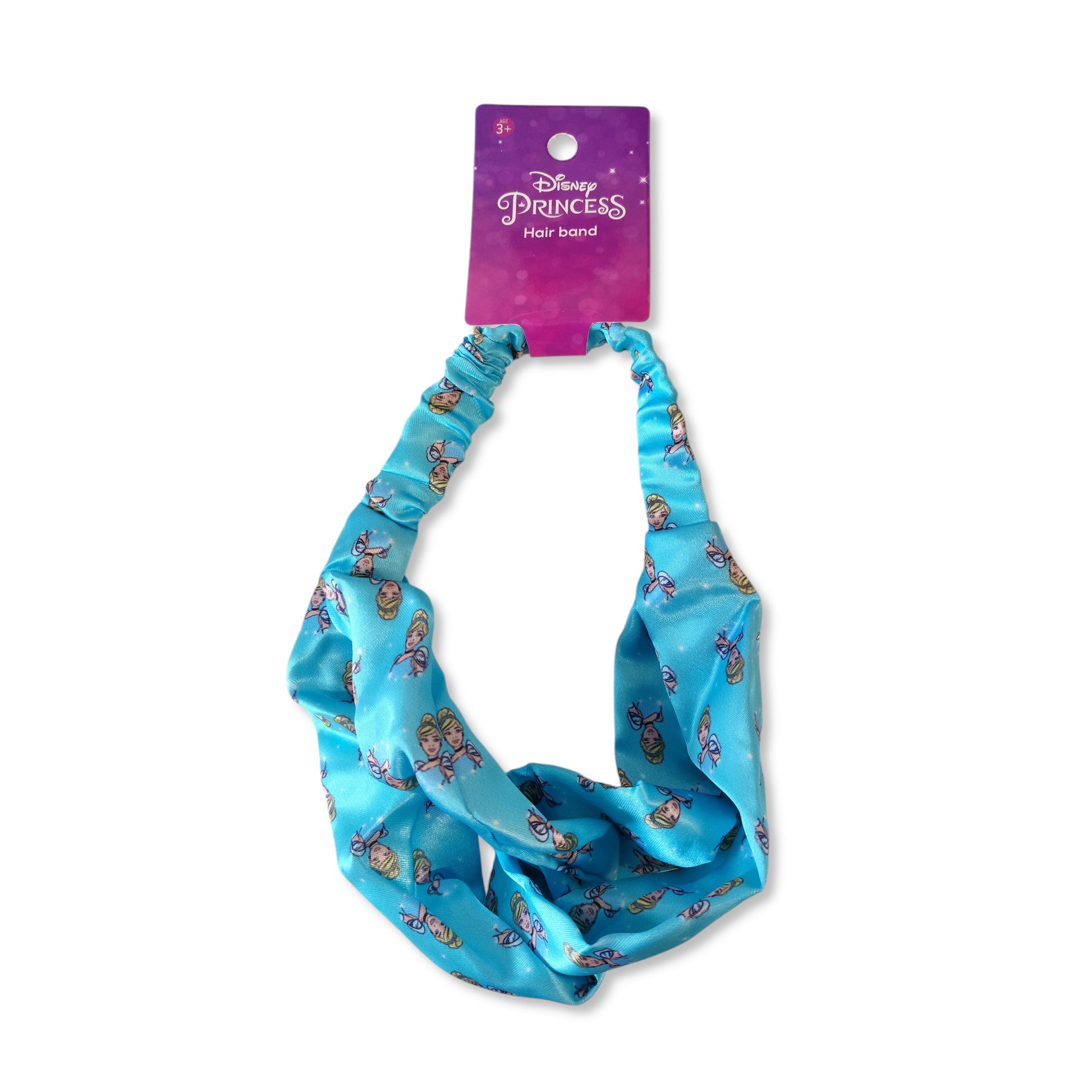 Disney Cinderella Hair Band front view showcasing blue elastic design with embroidered Cinderella portrait in elegant ball gown pose