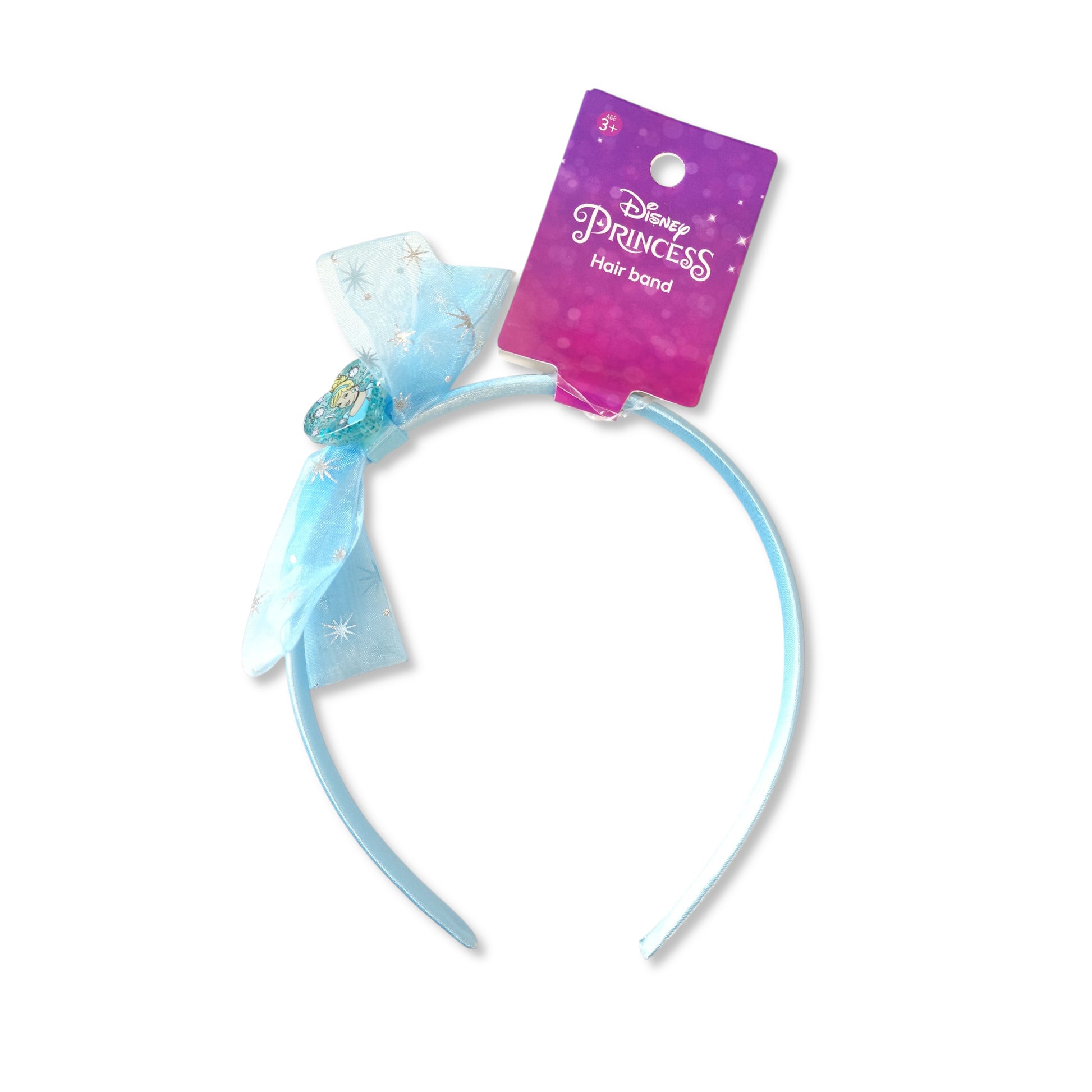 Disney Cinderella Princess Hair Band front view showing blue elastic with bow and transparent heart portrait on  stretchy design for kids' royal styling