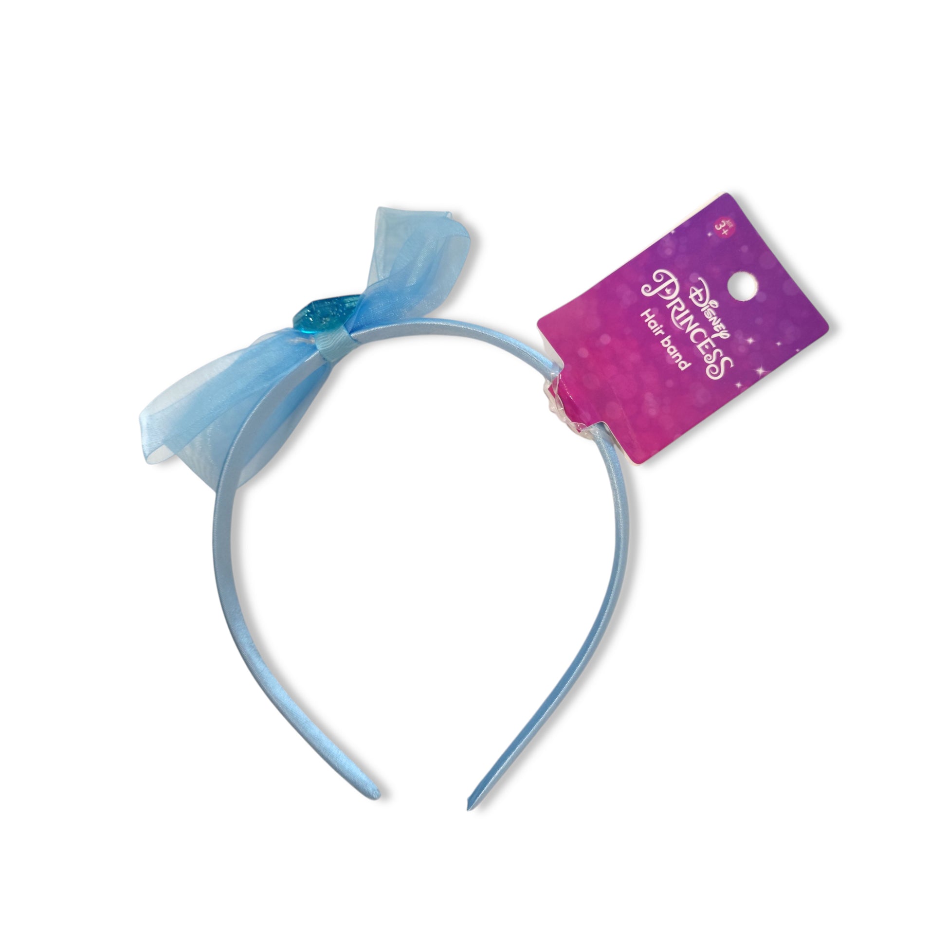 Disney Cinderella Princess Hair Band front view showing blue elastic with bow and transparent heart portrait on  stretchy design for kids' royal styling