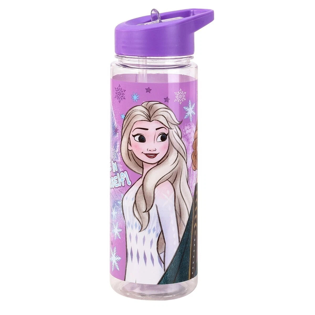 Disney Frozen Anna & Elsa Believe In Yourself Flip-Top Water Bottle front view showing empowering designs and ring handle on 700ml shatterproof plastic for kids 3+ hydration fun