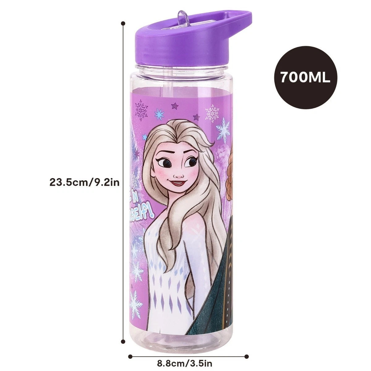 Disney Frozen Anna & Elsa Water Bottle size view highlighting Elsa and Anna motifs and compact size for portable, dishwasher-safe use