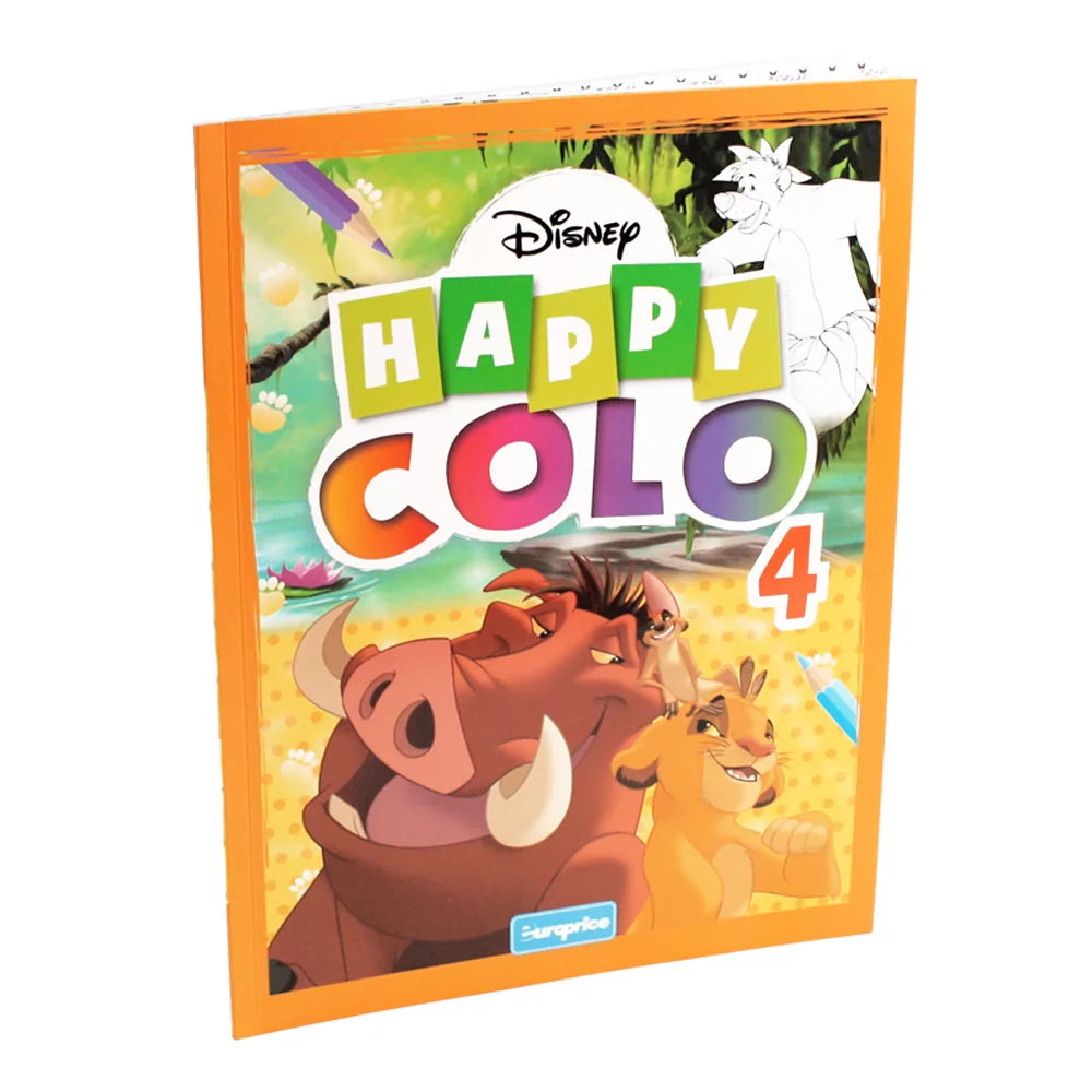 Disney Lion King Happy Colour Colouring Book front cover with Simba and Pumbaa in majestic outlines on soft cover, 32 pages 28x22cm for ages 4-6
