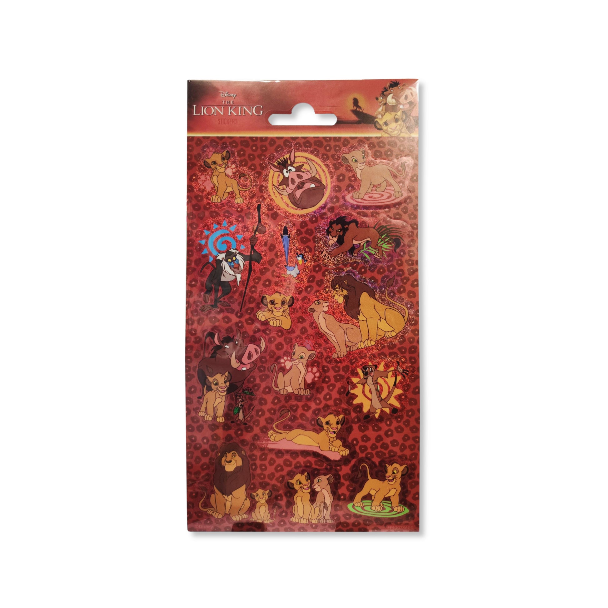 Disney Lion King Stickers Pack full set displayed on red background, highlighting glossy holographic effects and main characters like Simba and friends
