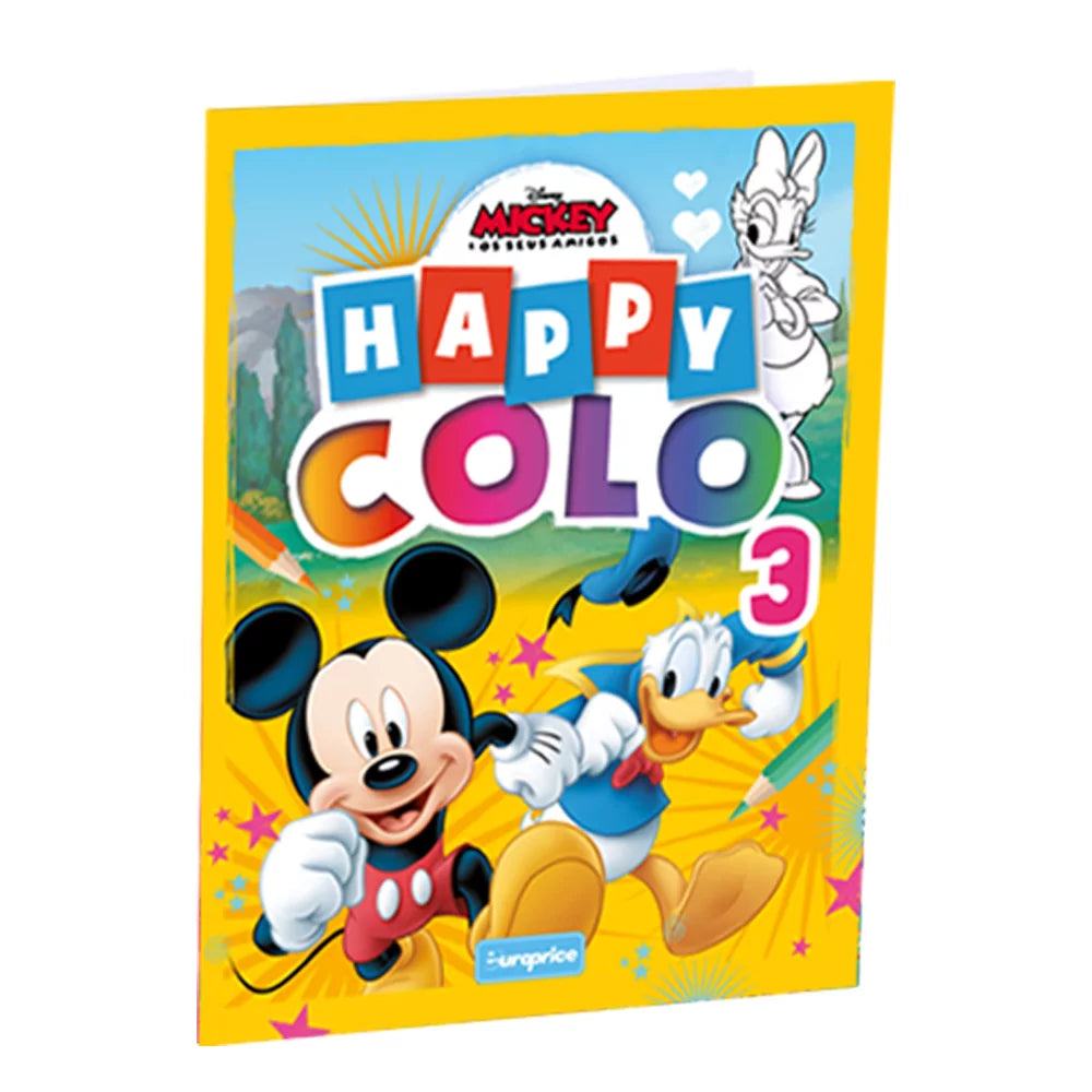Disney Mickey and Donald Happy Colour Colouring Book front cover with Mickey, Donald and pals in cheeky outlines on soft cover, 32 pages for ages 4-6