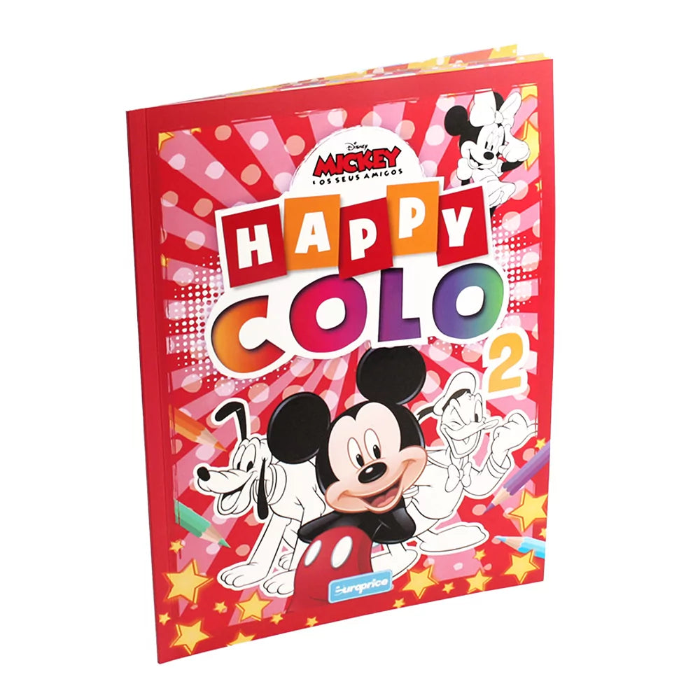 Disney Mickey Happy Colour Colouring Book front cover with Mickey Mouse and friends in vibrant outlines on soft cover, 32 pages for ages 4-6