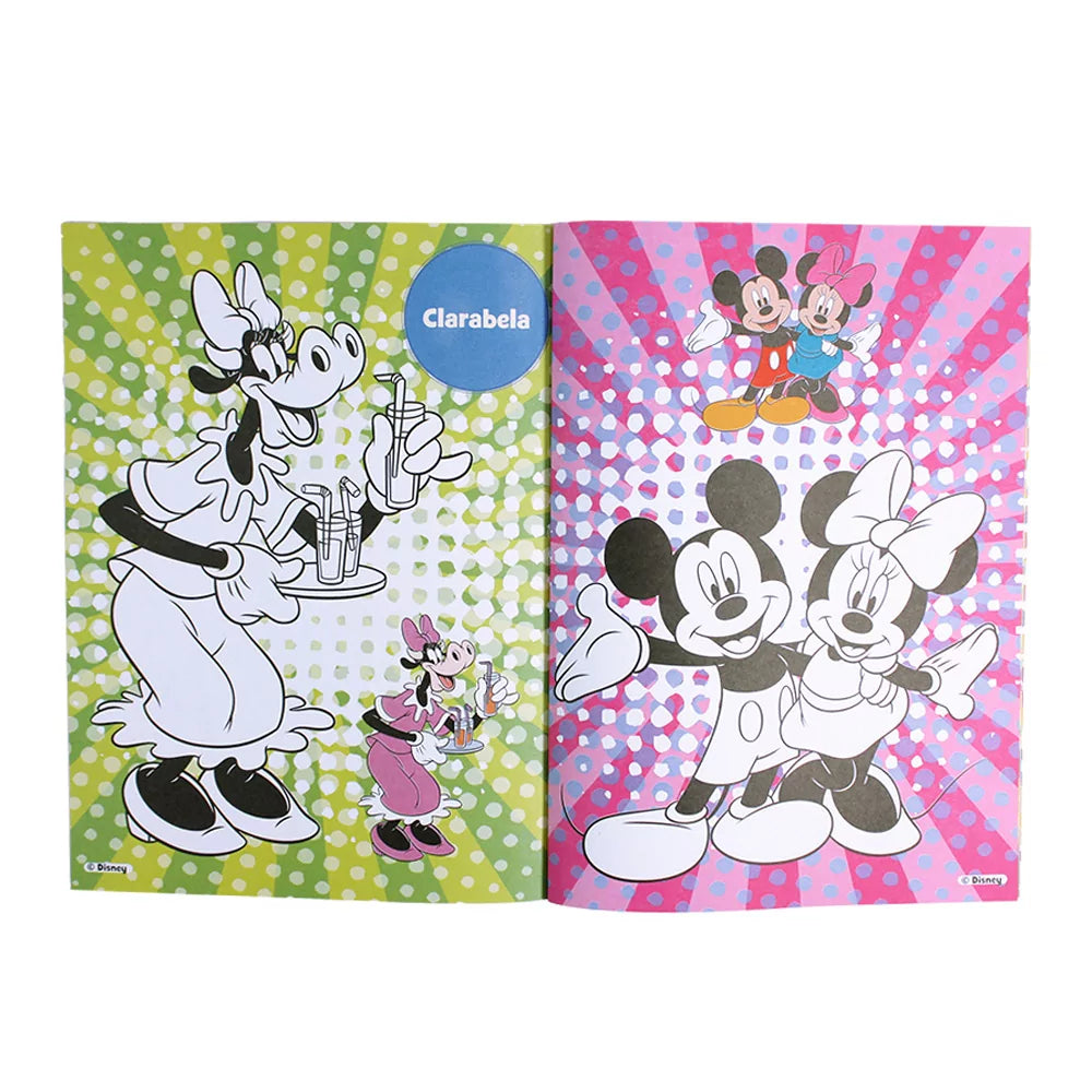 Interior pages of Disney Mickey Happy Colour Book displaying sample designs with iconic characters primed for children's colourful creativity