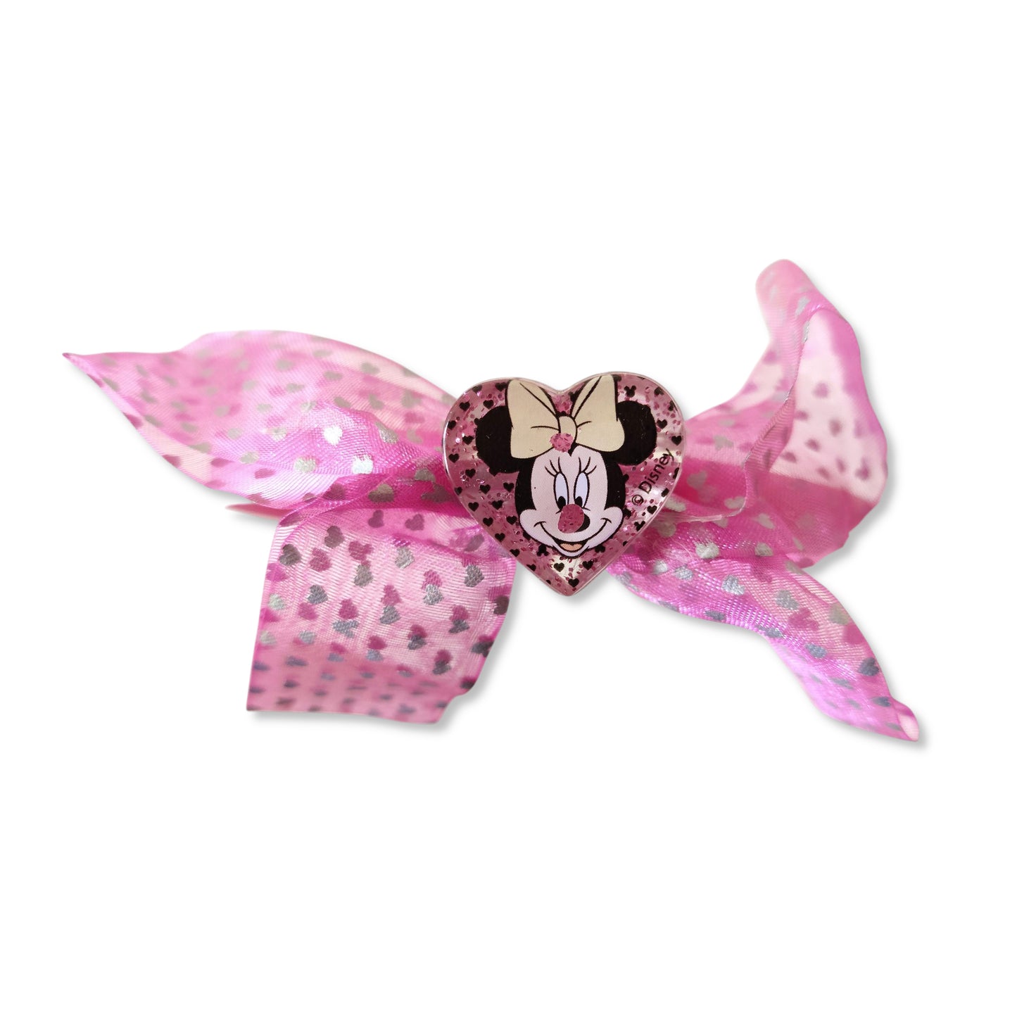 Close-up detail of Disney Minnie Mouse Hair Band highlighting silver heart bow and embroidered glitter on plastic heart with Minnie motif
