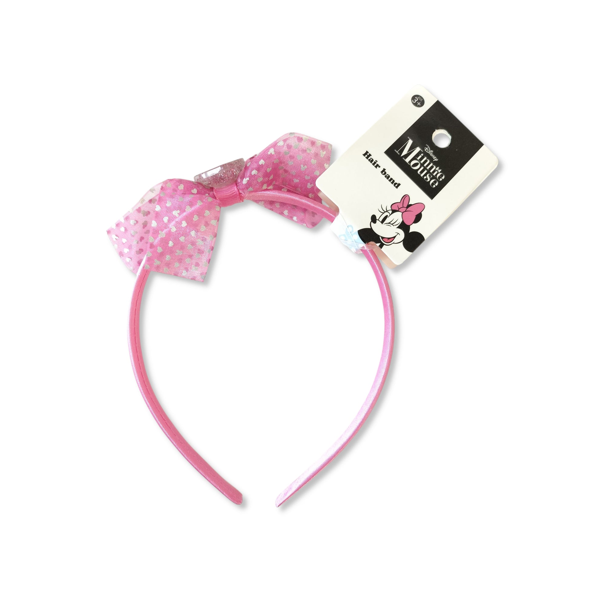 Disney Minnie Mouse Pink Hair Band front view showing stretchy pink elastic with glittery bow and transparent heart portrait for kids' whimsical styling
