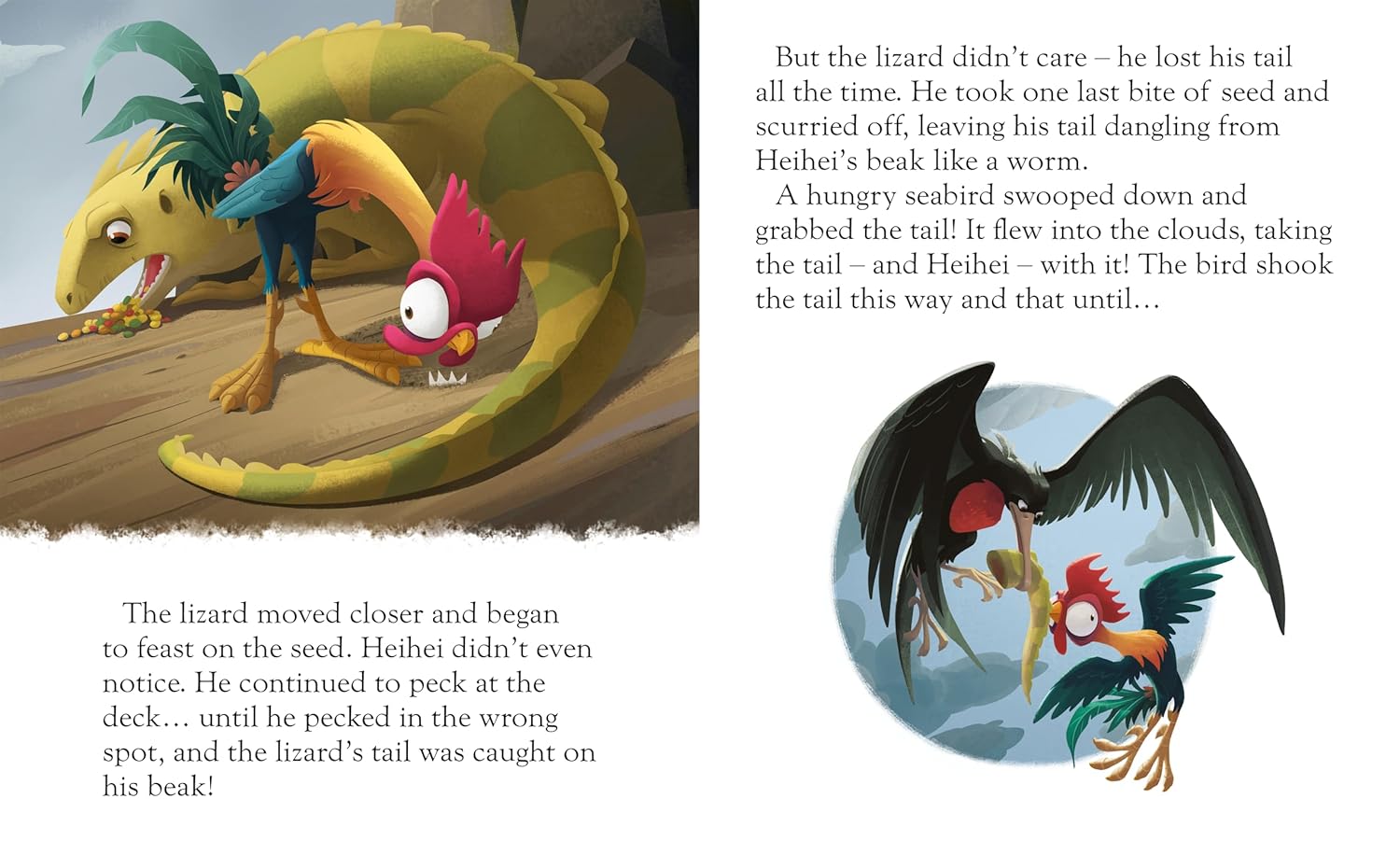 Inside page of Disney Moana: The Misadventures of Heihei Storybook with colourful Heihei antics for kids
