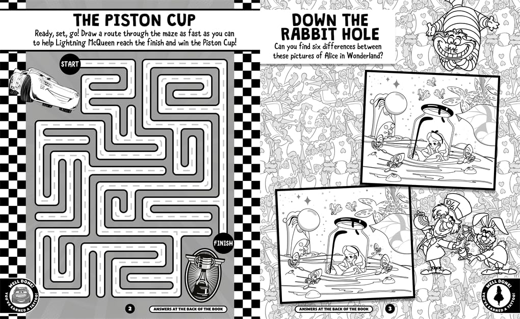 Coloring book page with maze and illustrations, featuring a rabbit hole theme.