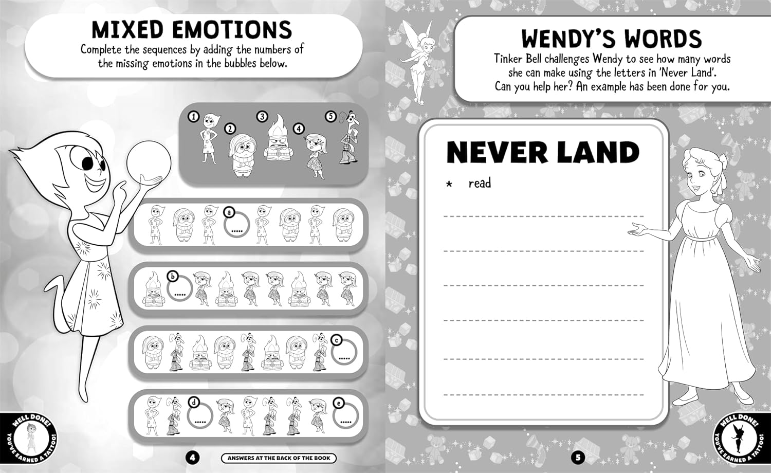 Educational page from a children's book with cartoon characters and text on a gray background.
