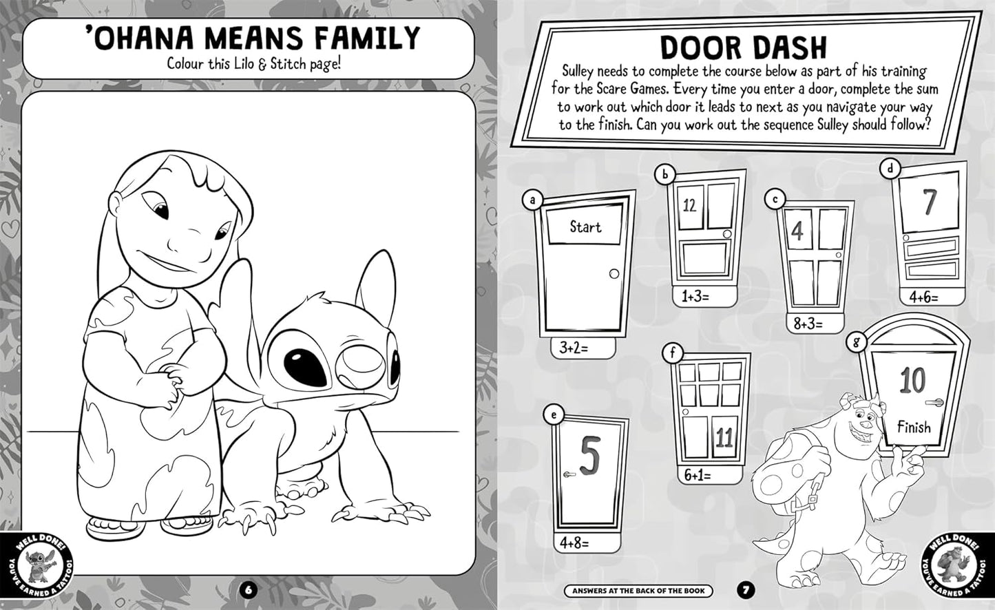 Coloring book page with cartoon characters and educational activities on a gray background