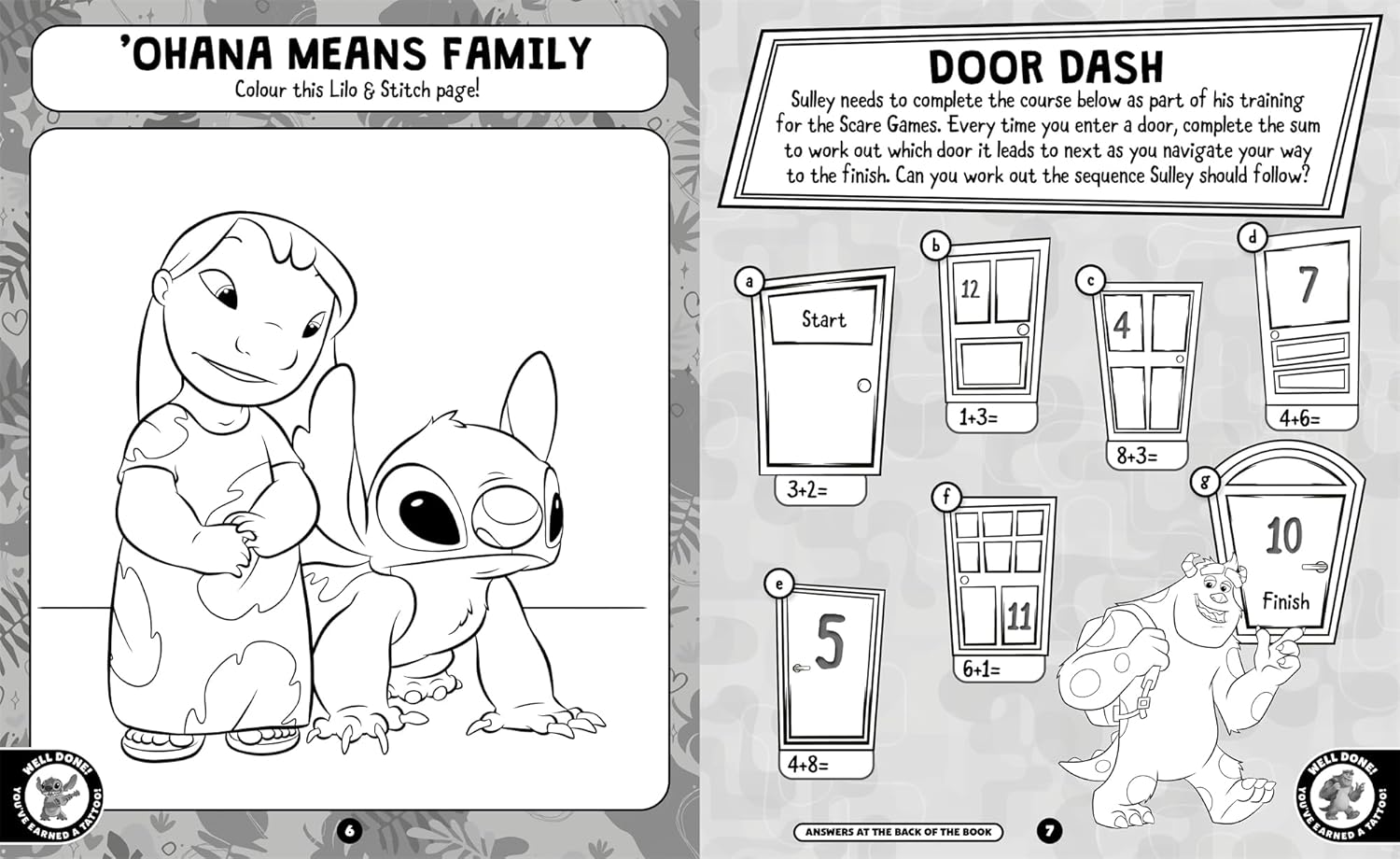Coloring book page with cartoon characters and educational activities on a gray background