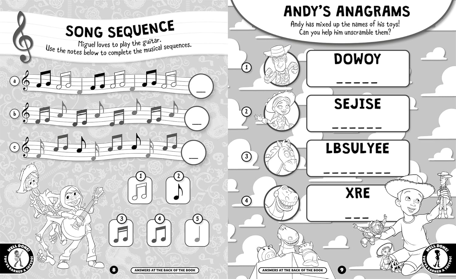 Educational worksheet with musical notes and anagrams for children, featuring cartoon characters and text.