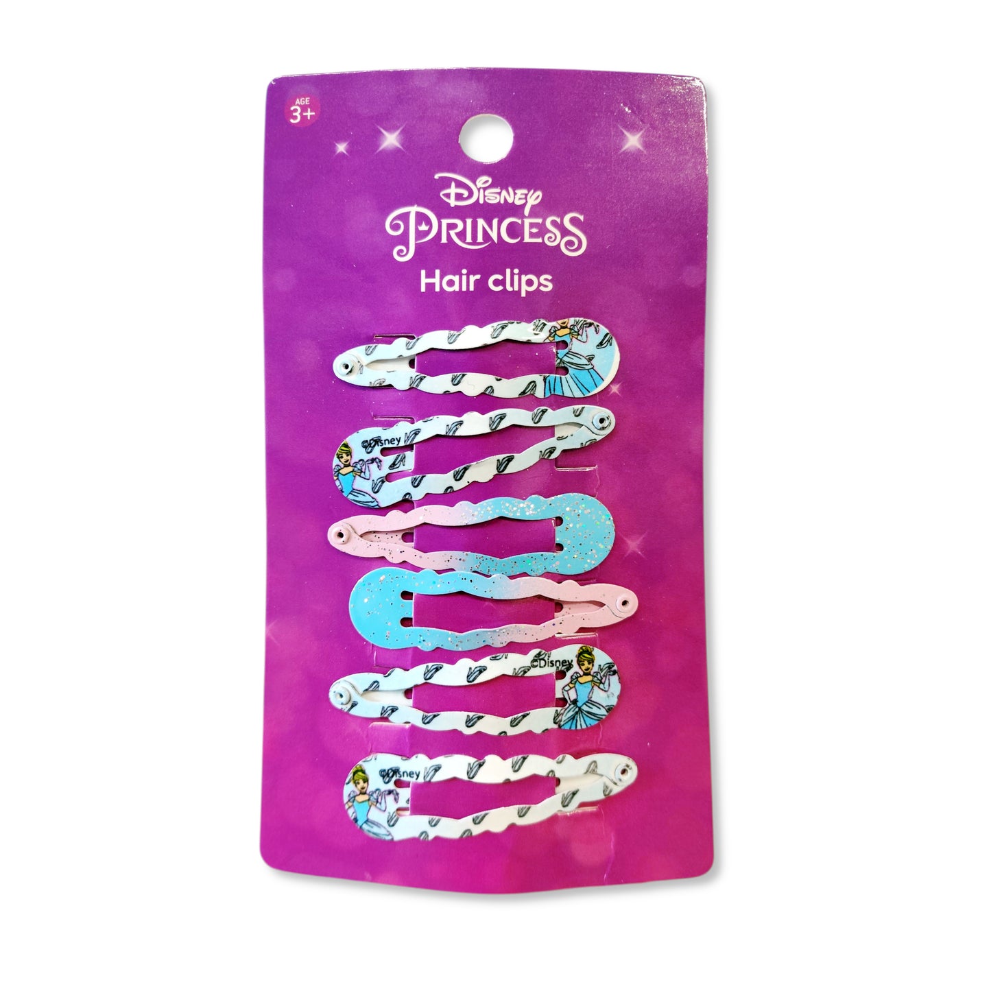 Pack of 6 Disney Princess Hair Snap Clips front view revealing two designs of Princess motifs on 4.8cm metal clips
