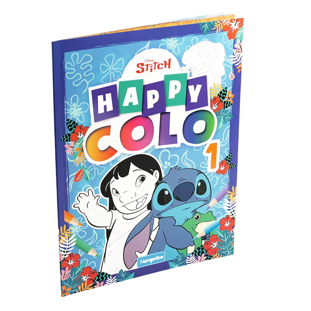 Disney Stitch Happy Colour Colouring Book front cover featuring Stitch and Mickey in playful poses on soft cover, 32 pages for ages 4-6