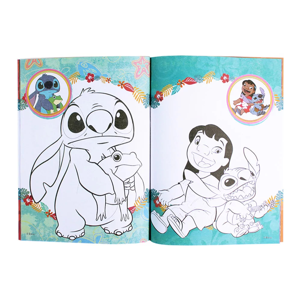 Interior spread of Disney Stitch Happy Colour Book showing sample colouring pages with iconic characters ready for kids' creative fun