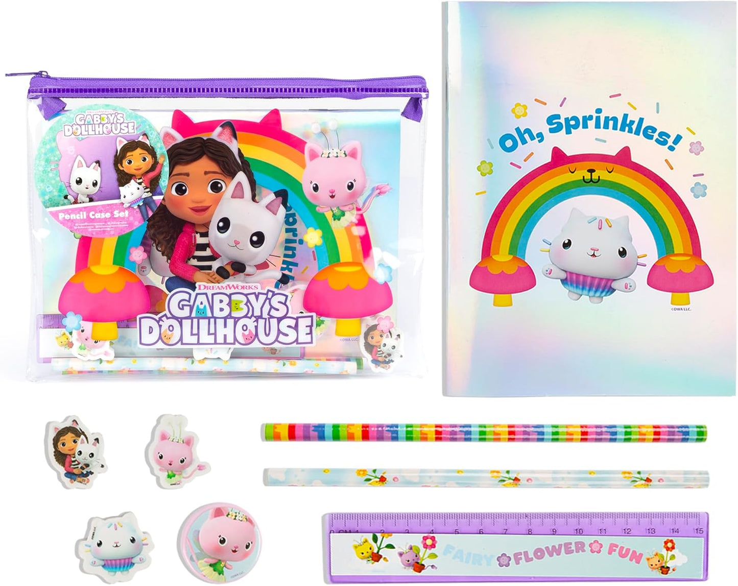 Contents of Gabby’s Dollhouse pencil case set with erasers and tools