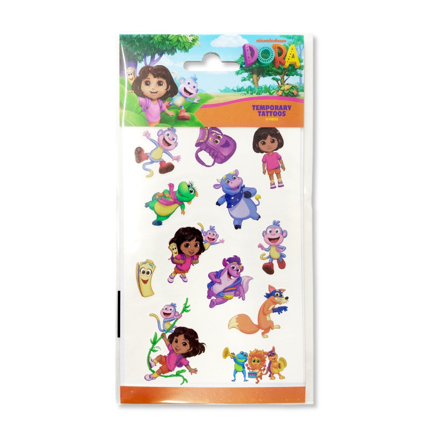 Dora 12 Temporary Tattoos sheet with rub-on designs featuring Dora the Explorer and backpack