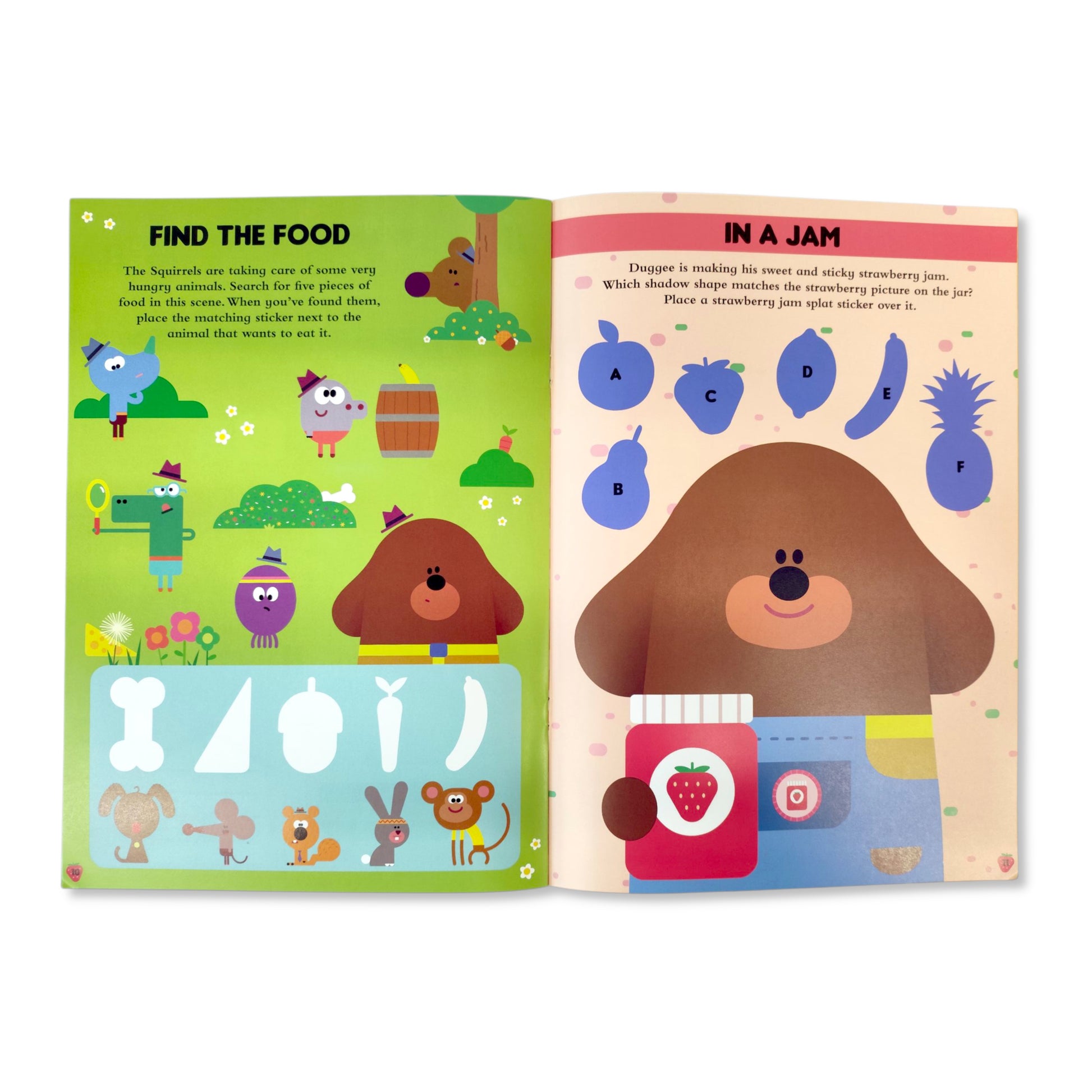 Inside view of Hey Duggee Sticker Book with 16 pages for yummy activities and stickers