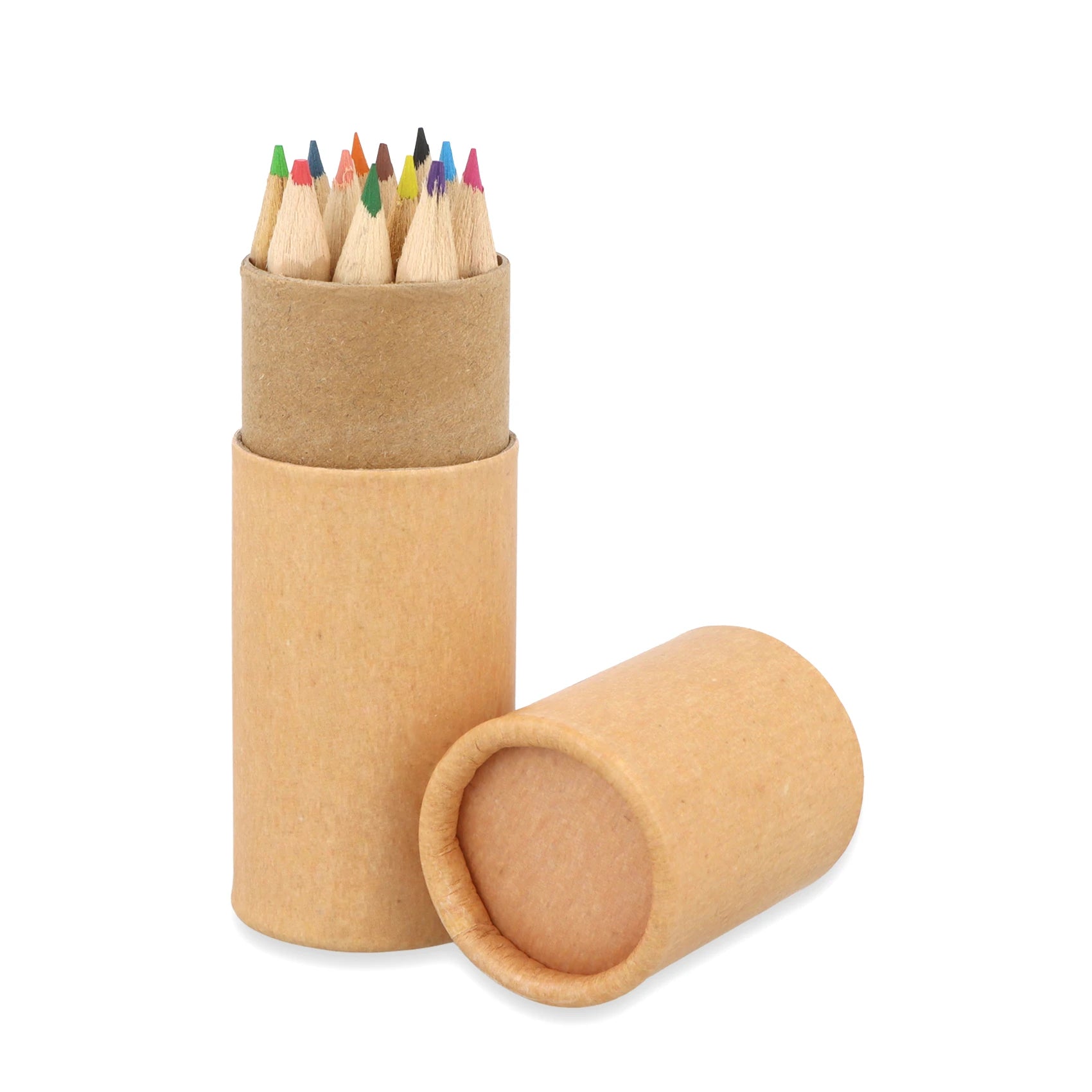 Eco-Friendly Mini Colouring Pencils Pack open view showing 12 vibrant shades in recyclable paper tube for kids' sustainable crafts aged 3+