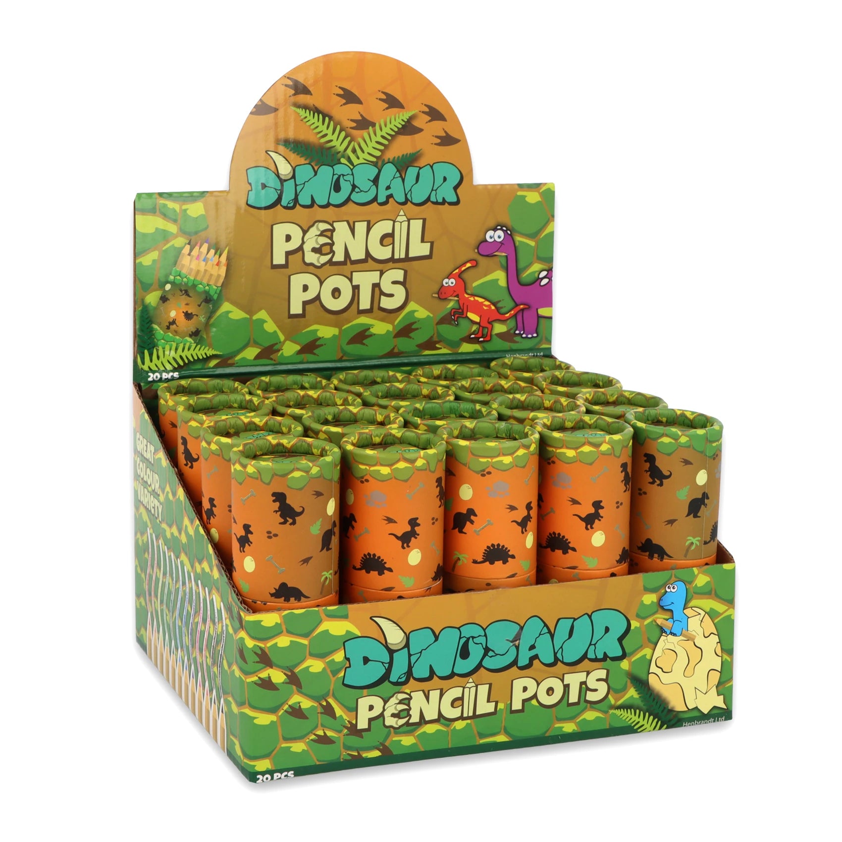 Eco-Friendly Mini Dinosaur Colouring Pencils Pack display of 20 units showing rainbow assortment for bulk loot bags and classroom fun