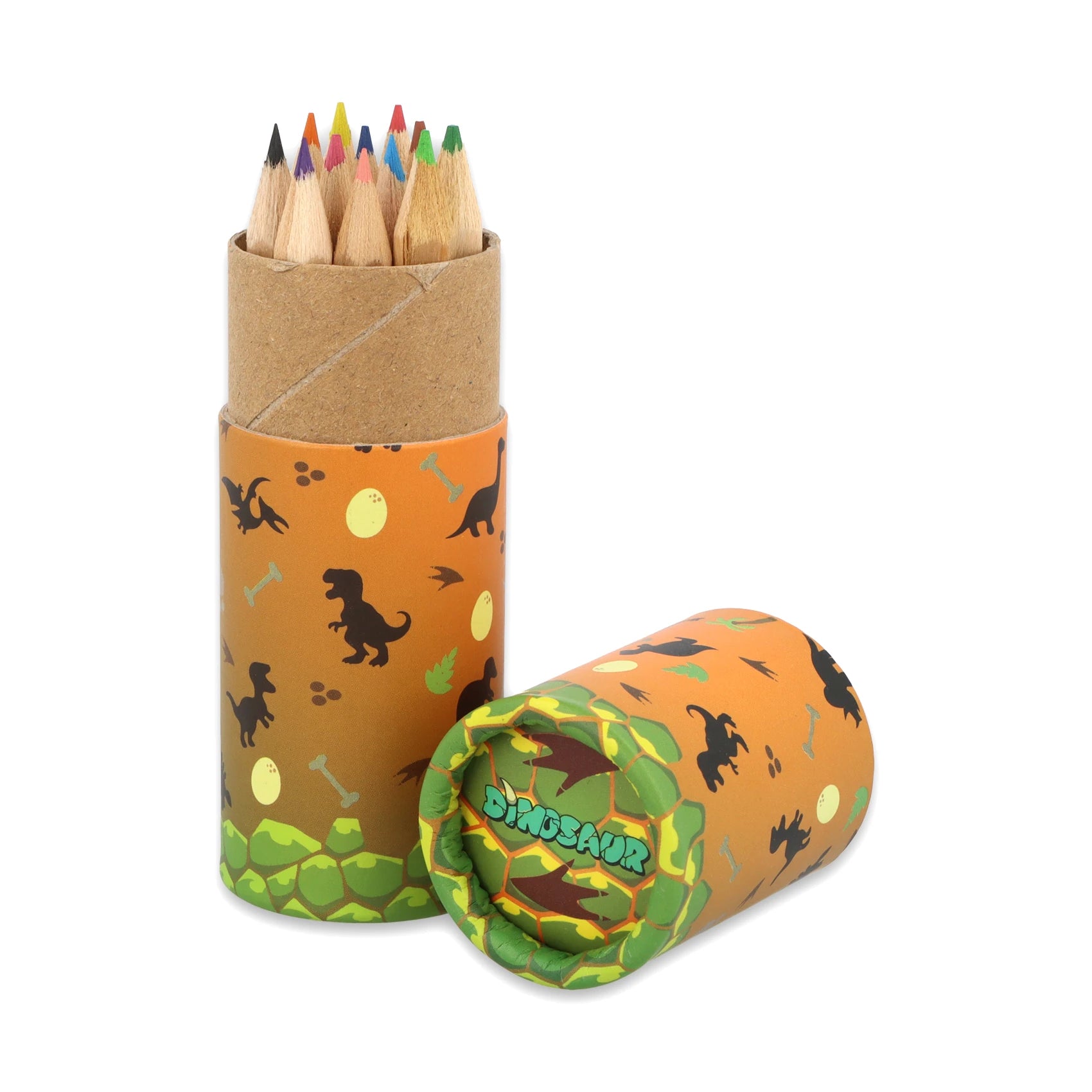 Eco-Friendly Mini Dinosaur Colouring Pencils Pack open view showing 12 vibrant shades in recyclable paper tube for kids' sustainable dino crafts aged 3+