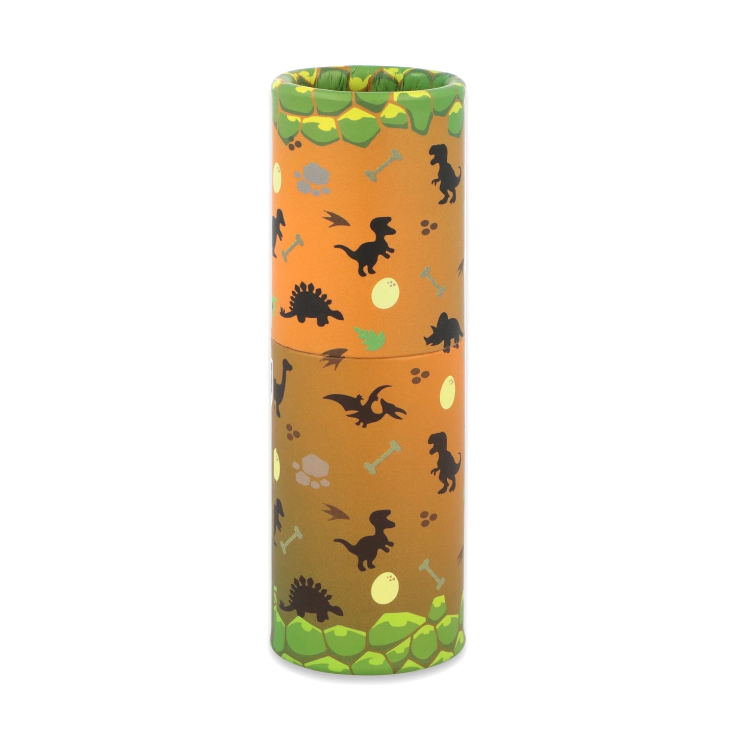 Eco-Friendly Mini Dinosaur Colouring Pencils Pack tube detail highlighting 10.5x3.5cm eco-paper design and compact storage for party favours