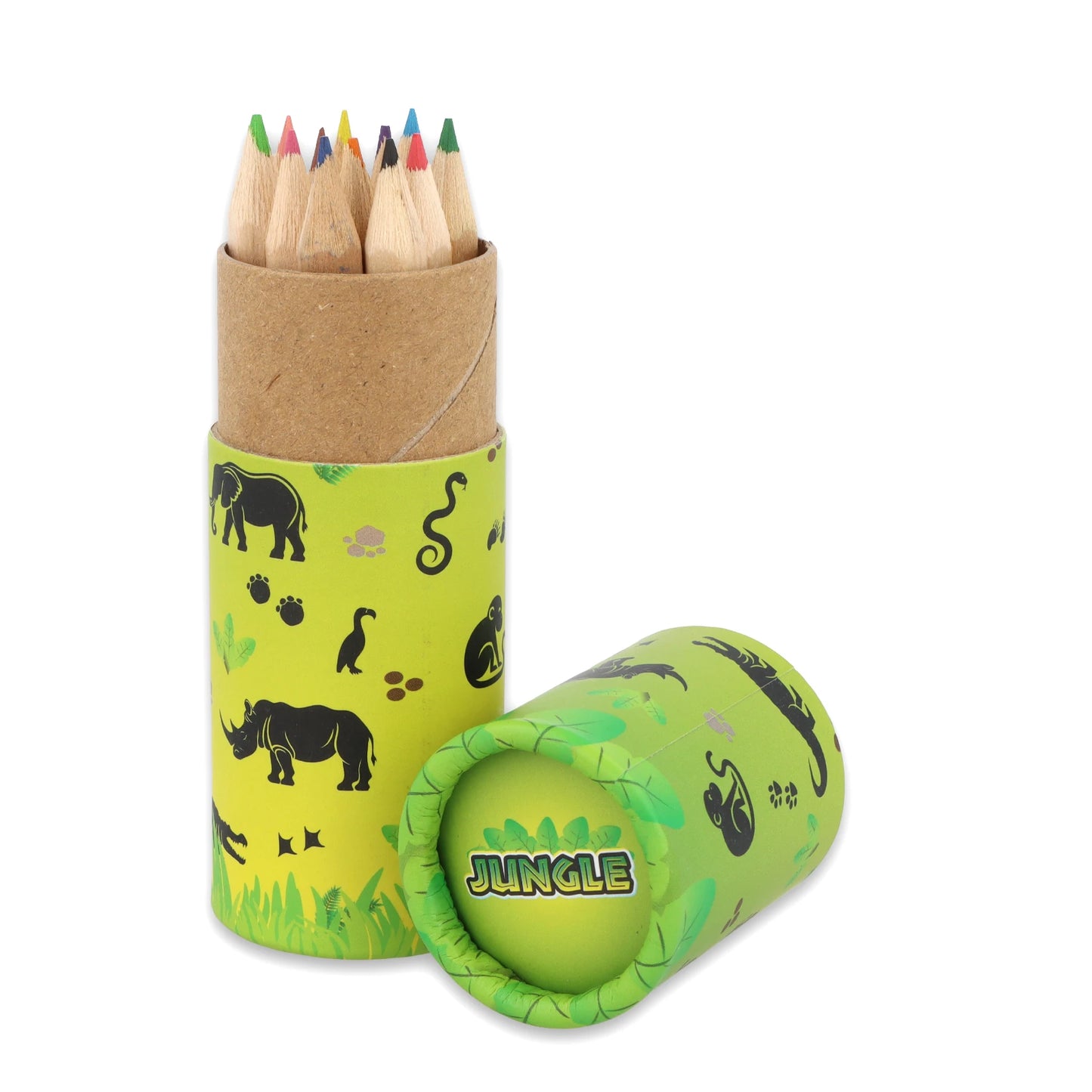 Open tube unleashing 12 mini jungle pencils – colors ready to roar!