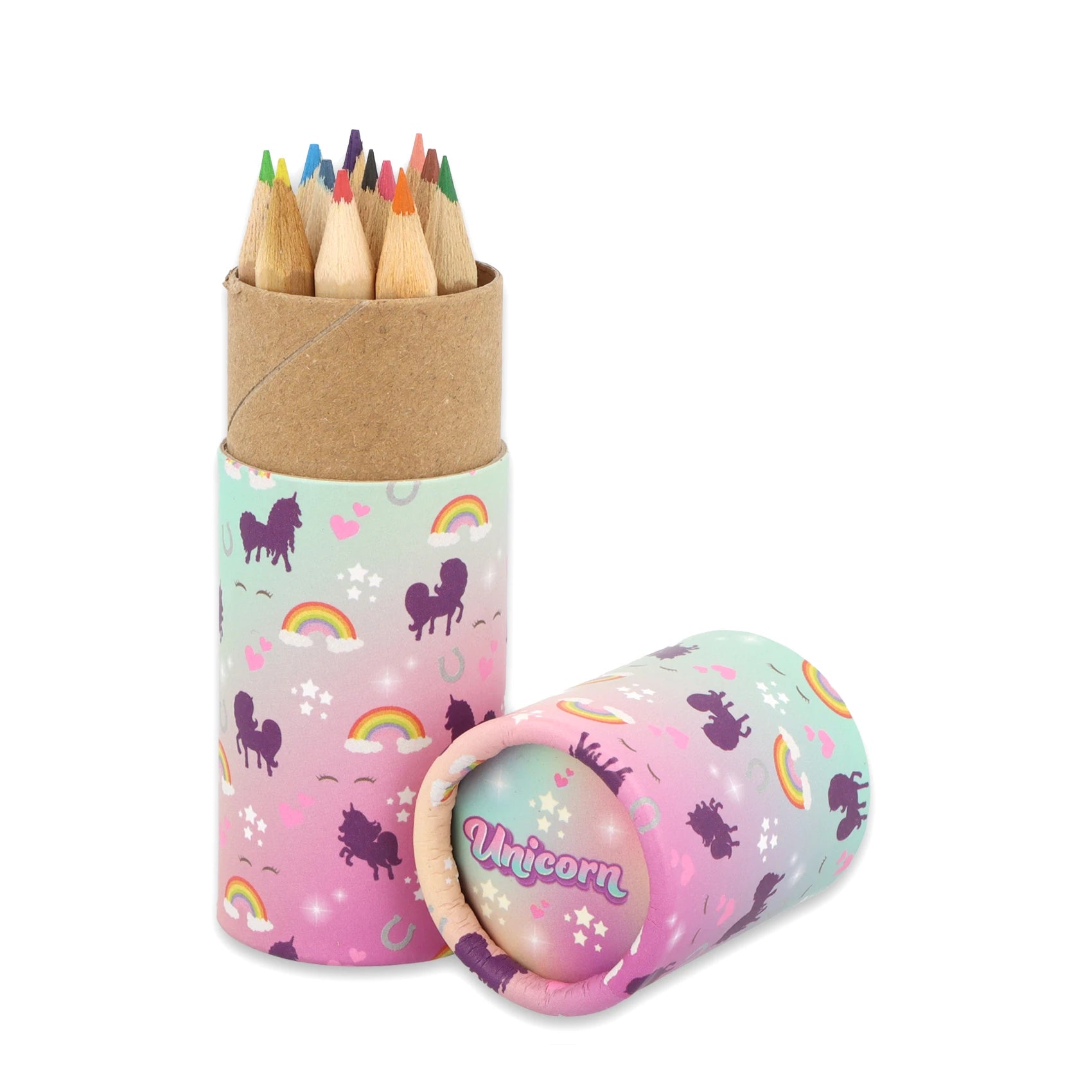 Open tube bursting with 12 mini unicorn pencils – rainbow ready for action!