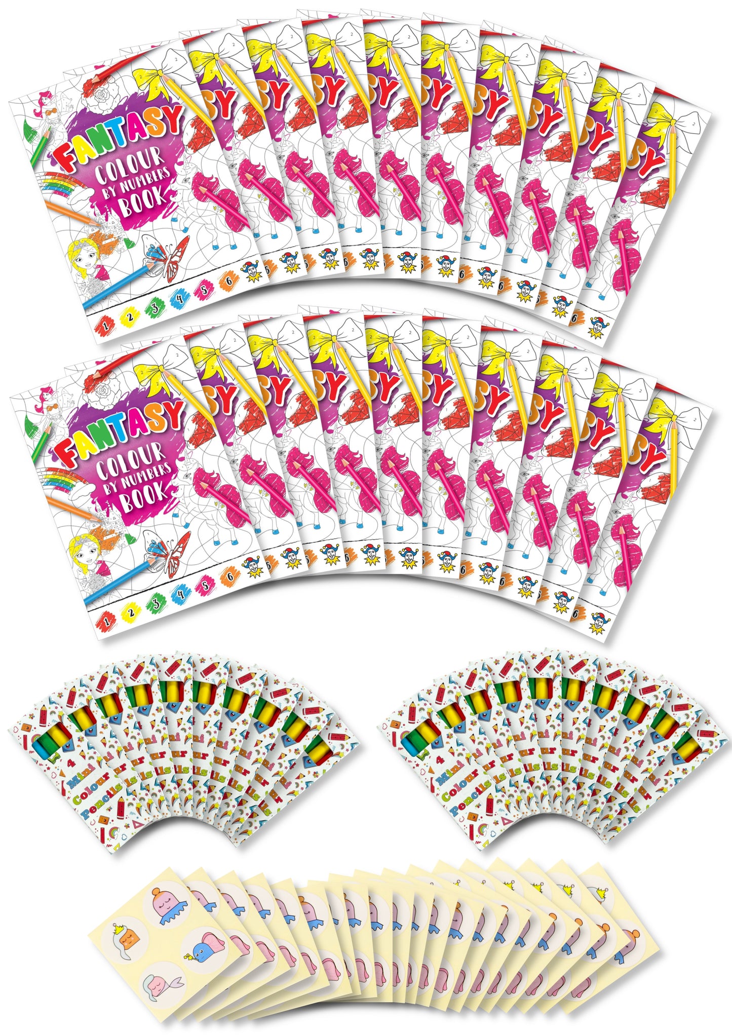 Assortment of 20 Themed Activity Books, 20 Sheets of Stickers and 20 Sets of Pencils - Anilas UK