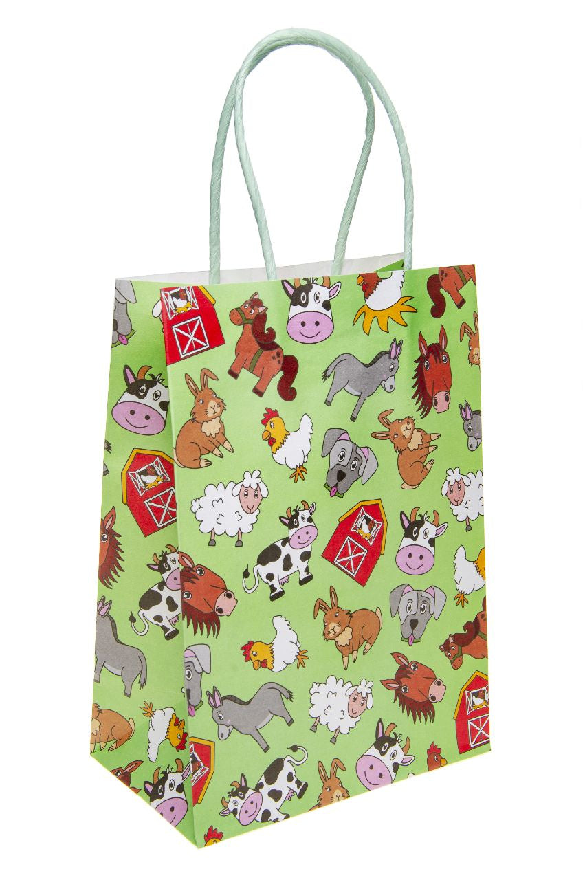 Farm Animals Paper Party Bags, 22 x 16 x 9 cm, with Handles for Kids’ Parties