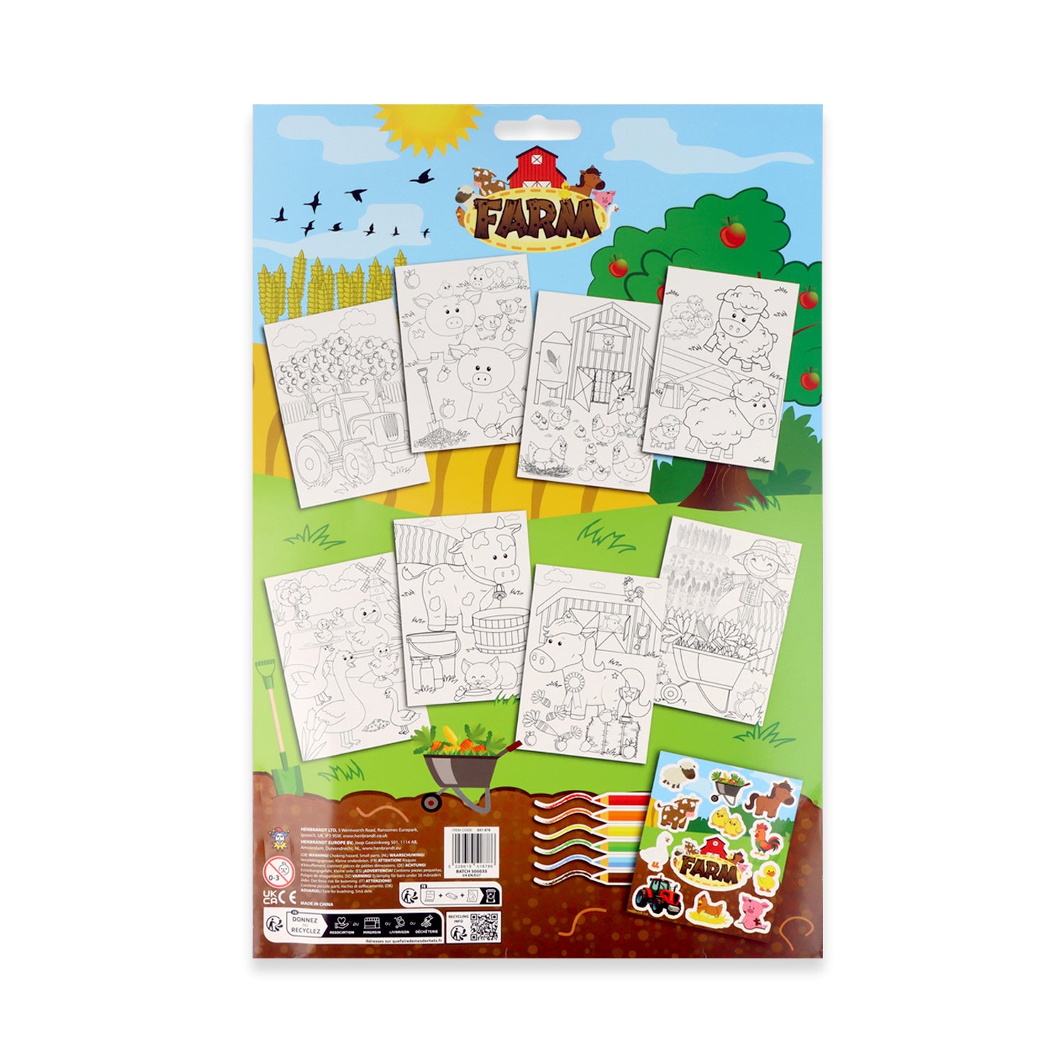 Farm Colouring Set with Stickers back view highlighting party and classroom activity icons on compact packaging