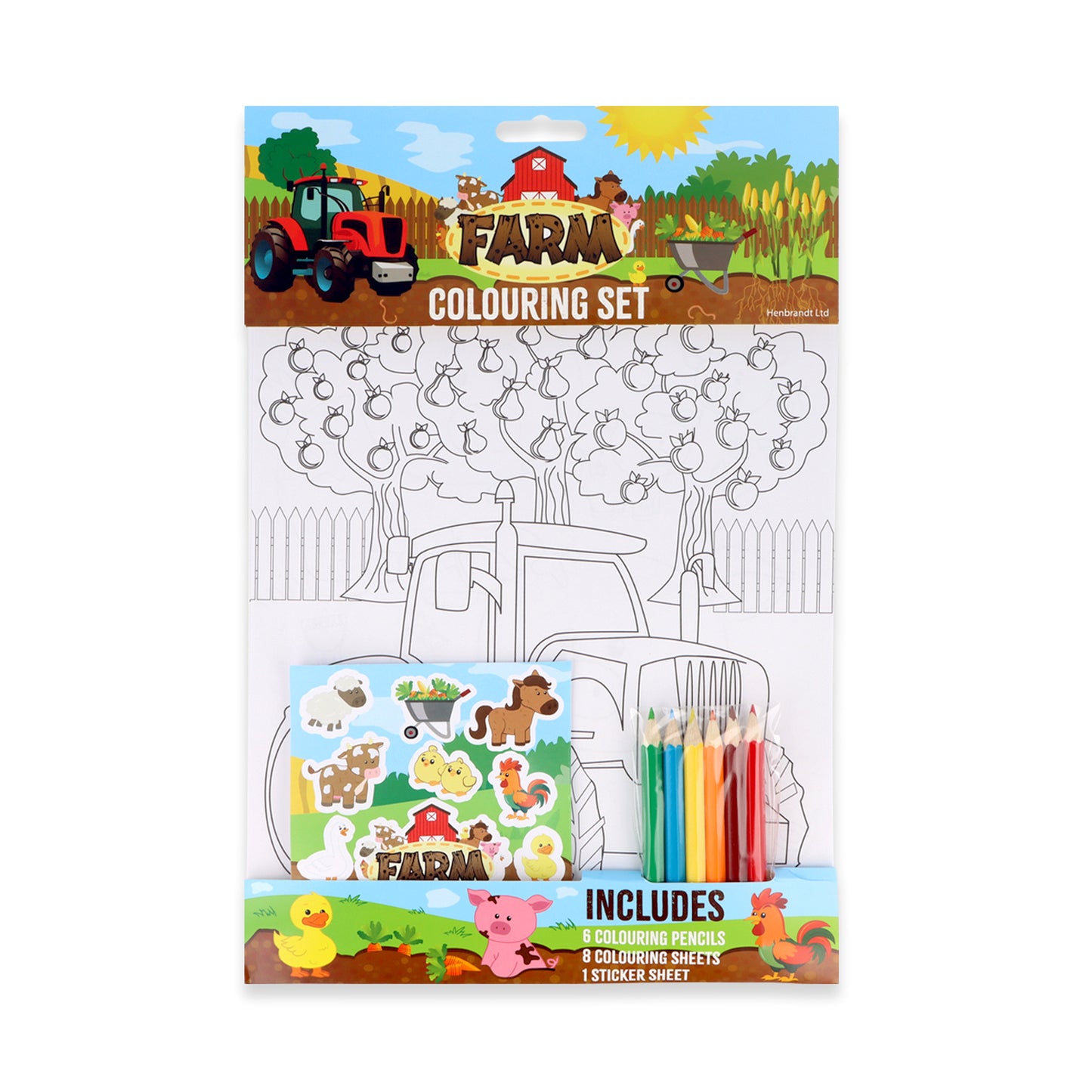 Farm Colouring Set with Stickers front view showing 8 sheets, 6 mini pencils, and sticker sheet in A4 21x30cm pack for kids' barnyard crafts aged 4-6