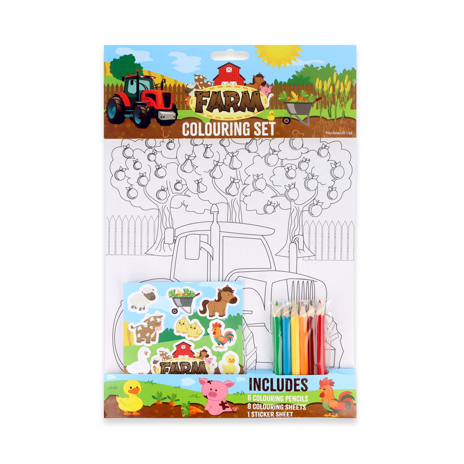 Farm Colouring Set with Stickers front view showing 8 sheets, 6 mini pencils, and sticker sheet in A4 21x30cm pack for kids' barnyard crafts aged 4-6