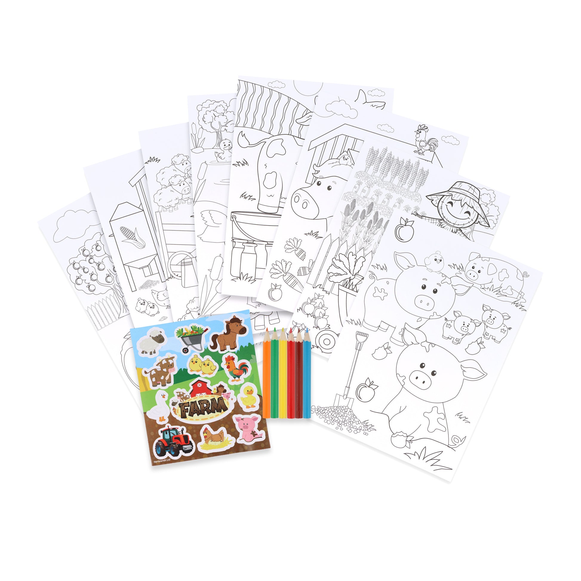 Interior spread of Farm Colouring Set revealing colouring sheets with animals and tractors, plus sticker details for creative play