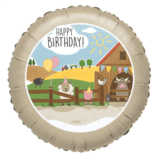 Standard Farm Party Foil Balloon 43cm with smiling animals and Happy Birthday