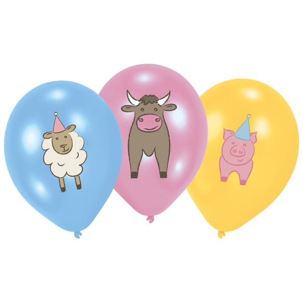 Farm Party 6 Latex Balloons, 11 Inch, with Sheep, Cow, Pig Prints for Kids’ Parties