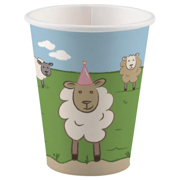 Farm Party Paper Cups 250 ml with sheep in party hats and barn