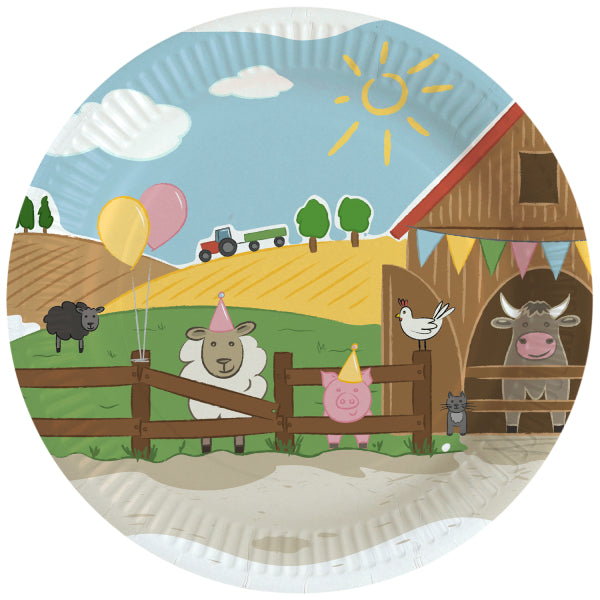 Farm Party Round Paper Plates 23cm with animals in party hats and barn