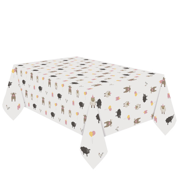 Farm Party Paper Tablecover 120x180cm with balloons and animals in party hats