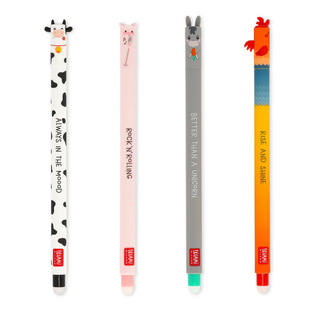 Set of 4 Erasable Gel Pens Farm Sweet Farm blister pack with animal shapes
