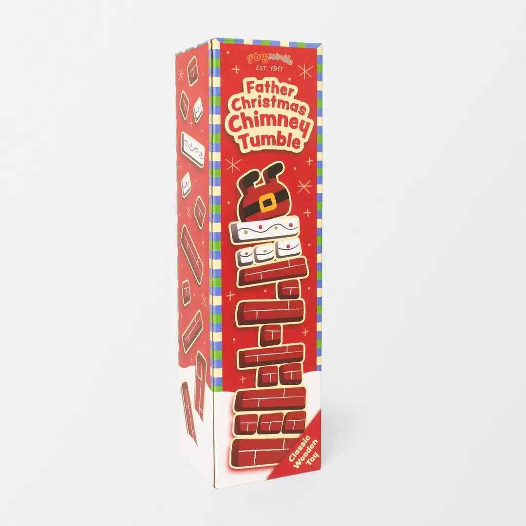 Father Christmas Chimney Tumble Game wooden set with Santa on bricks in 30x8x8cm box